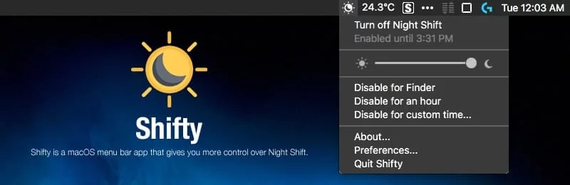 Night Shift機能をメニューバーから操作「Shifty」