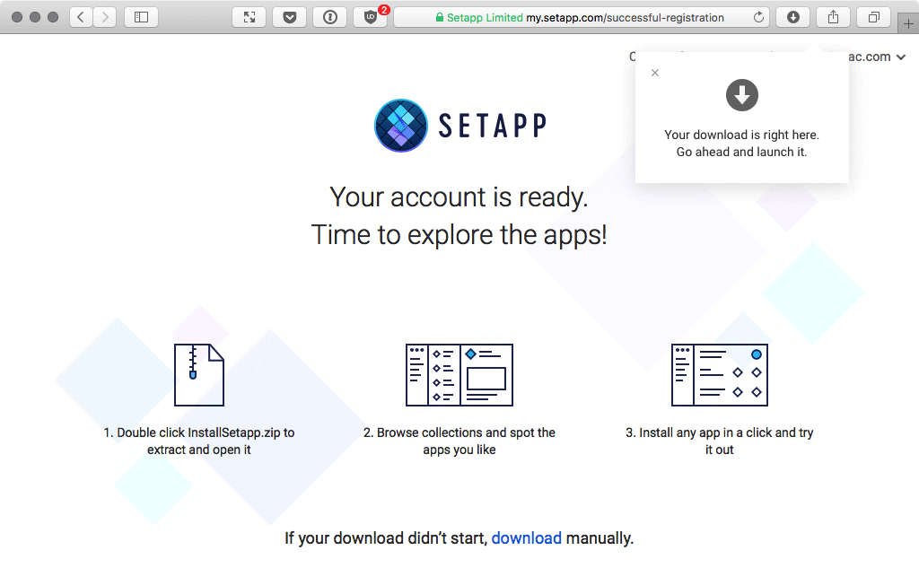 Setapp 新規会員登録完了画面